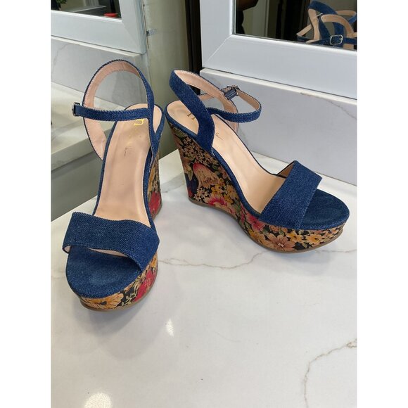 N by Nicole Miller Valerie Floral Wedges Denim Blue/Pink Size 9 - Picture 1 of 5